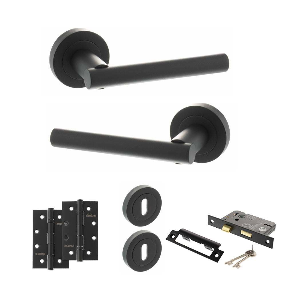 Quality image of STATUS Nebraska Door Handle Pack (3 Lever Lock Set - 3" CE Sashlock, 4" Slim Knuckle Hinges x2) - Matt Black | Sku. adps28rmb19 | available from Trade Door Handles.