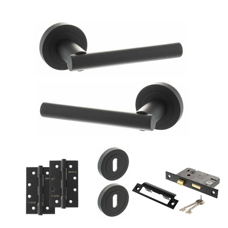 Quality image of STATUS Nebraska Door Handle Pack (3 Lever Lock Set - 3" CE Sashlock, 4" Slim Knuckle Hinges x2) - Matt Black | Sku. adps28rmb19 | available from Trade Door Handles.