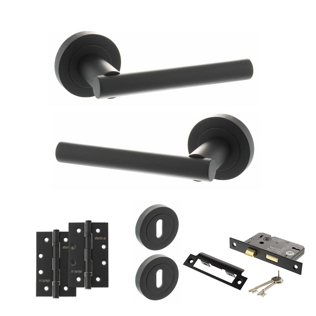 Quality image of STATUS Nebraska Door Handle Pack (3 Lever Lock Set - 3" CE Sashlock, 4" Slim Knuckle Hinges x2) - Matt Black | Sku. adps28rmb19 | available from Trade Door Handles.