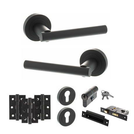 Quality image of STATUS Nebraska Door Handle Pack (Euro Lock Set - 2.5" CE Sashlock, 3" Fire Rated Hinges x3) - Matt Black | Sku. adps28rmb20 | available from Trade Door Handles.