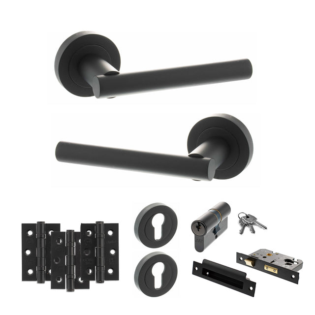 Quality image of STATUS Nebraska Door Handle Pack (Euro Lock Set - 2.5" CE Sashlock, 3" Fire Rated Hinges x3) - Matt Black | Sku. adps28rmb20 | available from Trade Door Handles.