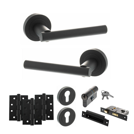 Quality image of STATUS Nebraska Door Handle Pack (Euro Lock Set - 2.5" CE Sashlock, 4" Fire Rated Hinges x3) - Matt Black | Sku. adps28rmb22 | available from Trade Door Handles.