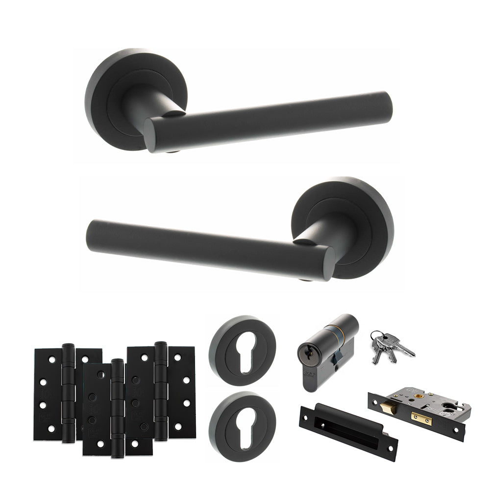 Quality image of STATUS Nebraska Door Handle Pack (Euro Lock Set - 3" CE Sashlock, 4" Fire Rated Hinges x3) - Matt Black | Sku. adps28rmb23 | available from Trade Door Handles.
