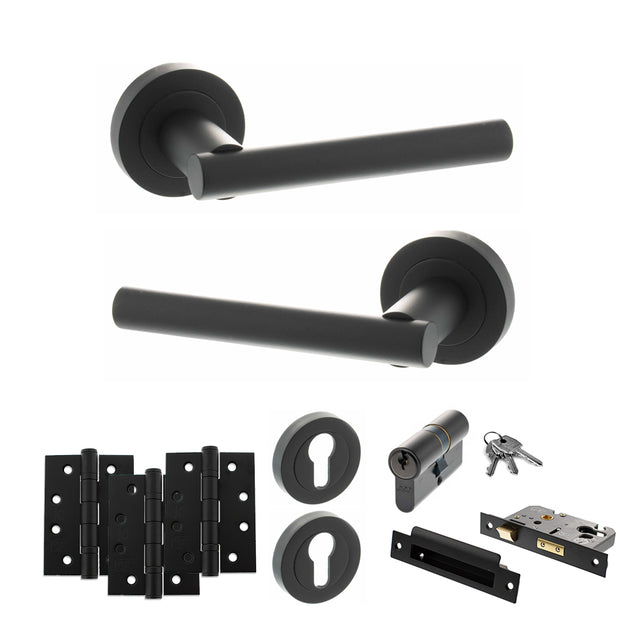 Quality image of STATUS Nebraska Door Handle Pack (Euro Lock Set - 3" CE Sashlock, 4" Fire Rated Hinges x3) - Matt Black | Sku. adps28rmb23 | available from Trade Door Handles.