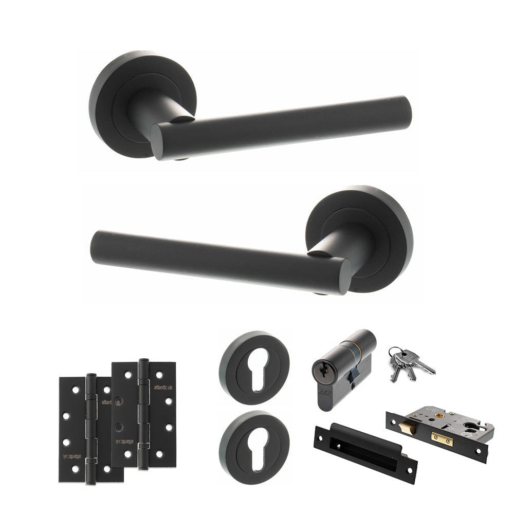 Quality image of STATUS Nebraska Door Handle Pack (Euro Lock Set - 2.5" CE Sashlock, 4" Slim Knuckle Hinges x2) - Matt Black | Sku. adps28rmb24 | available from Trade Door Handles.