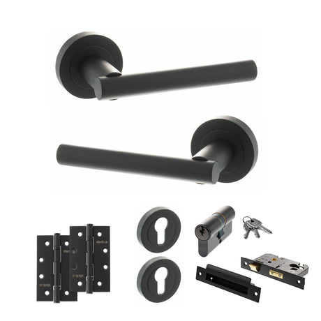 Quality image of STATUS Nebraska Door Handle Pack (Euro Lock Set - 2.5" CE Sashlock, 4" Slim Knuckle Hinges x2) - Matt Black | Sku. adps28rmb24 | available from Trade Door Handles.