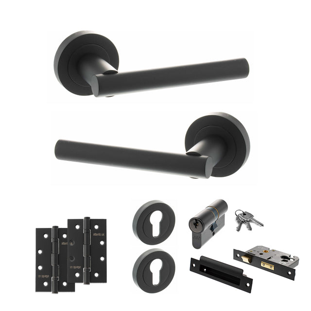 Quality image of STATUS Nebraska Door Handle Pack (Euro Lock Set - 2.5" CE Sashlock, 4" Slim Knuckle Hinges x2) - Matt Black | Sku. adps28rmb24 | available from Trade Door Handles.