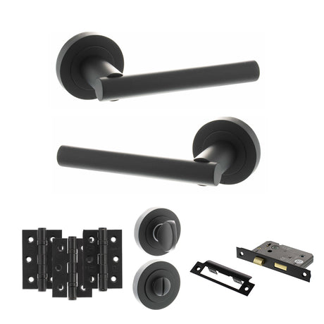 Quality image of STATUS Nebraska Door Handle Pack (Bathroom Set - 2.5" CE Bathroom Lock, 3" Fire Rated Hinges x3) - Matt Black | Sku. adps28rmb8 | available from Trade Door Handles.