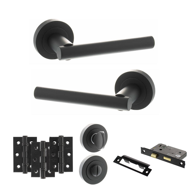 Quality image of STATUS Nebraska Door Handle Pack (Bathroom Set - 2.5" CE Bathroom Lock, 3" Fire Rated Hinges x3) - Matt Black | Sku. adps28rmb8 | available from Trade Door Handles.