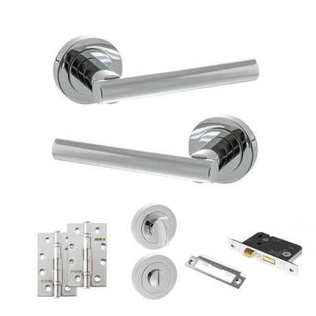 Quality image of STATUS Nebraska Door Handle Pack (Bathroom Set - 3" CE Bathroom Lock, 4" Slim Knuckle Hinges x2) - Polished Chrome | Sku. adps28rpc13 | available from Trade Door Handles.