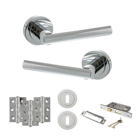 Quality image of STATUS Nebraska Door Handle Pack (3 Lever Lock Set - 2.5" CE Sashlock, 3" Fire Rated Hinges x3) - Polished Chrome | Sku. adps28rpc14 | available from Trade Door Handles.