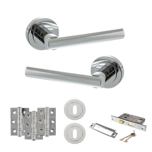 Quality image of STATUS Nebraska Door Handle Pack (3 Lever Lock Set - 2.5" CE Sashlock, 3" Fire Rated Hinges x3) - Polished Chrome | Sku. adps28rpc14 | available from Trade Door Handles.