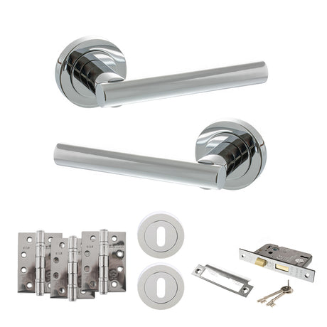 Quality image of STATUS Nebraska Door Handle Pack (3 Lever Lock Set - 3" CE Sashlock, 4" Fire Rated Hinges x3) - Polished Chrome | Sku. adps28rpc17 | available from Trade Door Handles.
