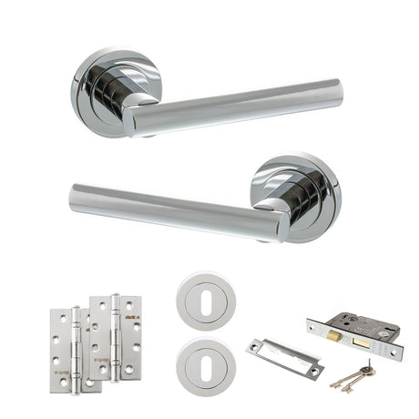 Quality image of STATUS Nebraska Door Handle Pack (3 Lever Lock Set - 2.5" CE Sashlock, 4" Slim Knuckle Hinges x2) - Polished Chrome | Sku. adps28rpc18 | available from Trade Door Handles.