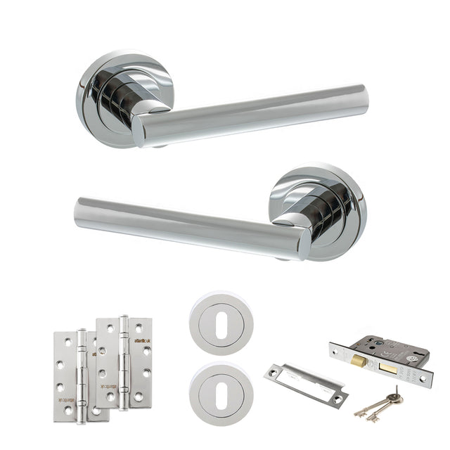 Quality image of STATUS Nebraska Door Handle Pack (3 Lever Lock Set - 2.5" CE Sashlock, 4" Slim Knuckle Hinges x2) - Polished Chrome | Sku. adps28rpc18 | available from Trade Door Handles.