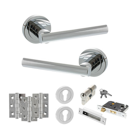 Quality image of STATUS Nebraska Door Handle Pack (Euro Lock Set - 3" CE Sashlock, 3" Fire Rated Hinges x3) - Polished Chrome | Sku. adps28rpc21 | available from Trade Door Handles.
