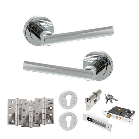 Quality image of STATUS Nebraska Door Handle Pack (Euro Lock Set - 2.5" CE Sashlock, 4" Fire Rated Hinges x3) - Polished Chrome | Sku. adps28rpc22 | available from Trade Door Handles.