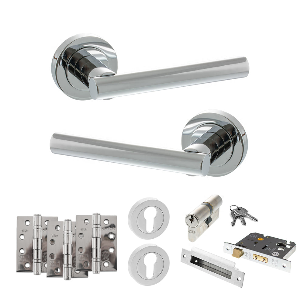 Quality image of STATUS Nebraska Door Handle Pack (Euro Lock Set - 3" CE Sashlock, 4" Fire Rated Hinges x3) - Polished Chrome | Sku. adps28rpc23 | available from Trade Door Handles.
