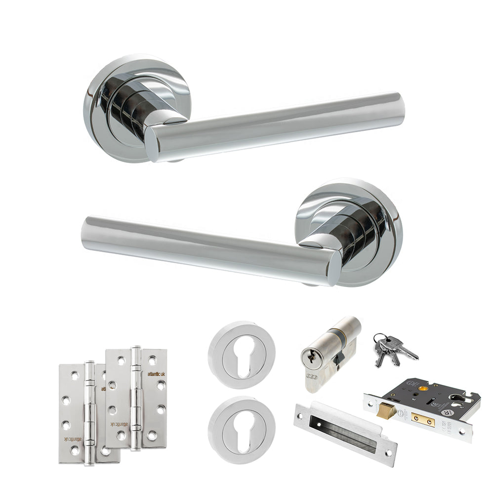 Quality image of STATUS Nebraska Door Handle Pack (Euro Lock Set - 2.5" CE Sashlock, 4" Slim Knuckle Hinges x2) - Polished Chrome | Sku. adps28rpc24 | available from Trade Door Handles.