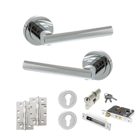 Quality image of STATUS Nebraska Door Handle Pack (Euro Lock Set - 3" CE Sashlock, 4" Slim Knuckle Hinges x2) - Polished Chrome | Sku. adps28rpc25 | available from Trade Door Handles.