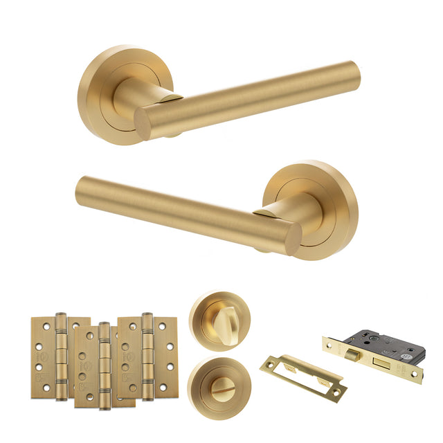 Quality image of STATUS Nebraska Door Handle Pack (Bathroom Set - 2.5" CE Bathroom Lock, 4" Fire Rated Hinges x3) - Satin Brass | Sku. adps28rsb10 | available from Trade Door Handles.