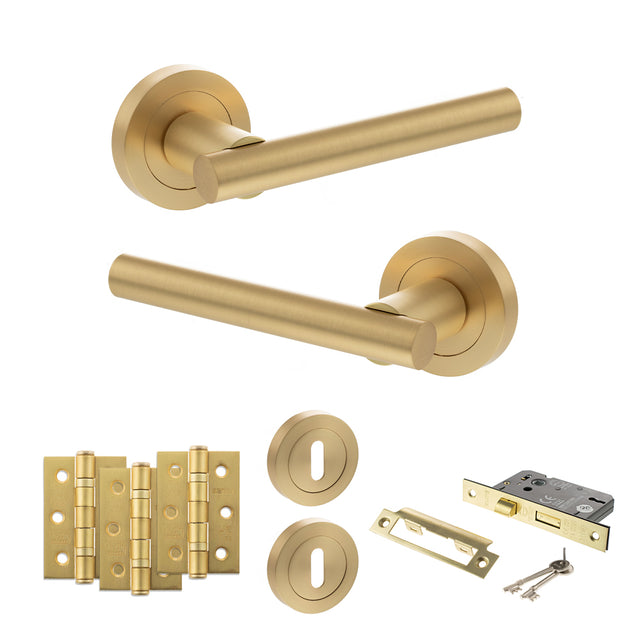 Quality image of STATUS Nebraska Door Handle Pack (3 Lever Lock Set - 2.5" CE Sashlock, 3" Fire Rated Hinges x3) - Satin Brass | Sku. adps28rsb14 | available from Trade Door Handles.