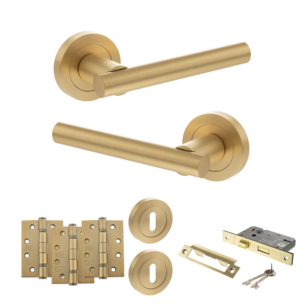 Quality image of STATUS Nebraska Door Handle Pack (3 Lever Lock Set - 3" CE Sashlock, 4" Fire Rated Hinges x3) - Satin Brass | Sku. adps28rsb17 | available from Trade Door Handles.