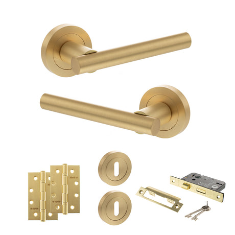 Quality image of STATUS Nebraska Door Handle Pack (3 Lever Lock Set - 2.5" CE Sashlock, 4" Slim Knuckle Hinges x2) - Satin Brass | Sku. adps28rsb18 | available from Trade Door Handles.