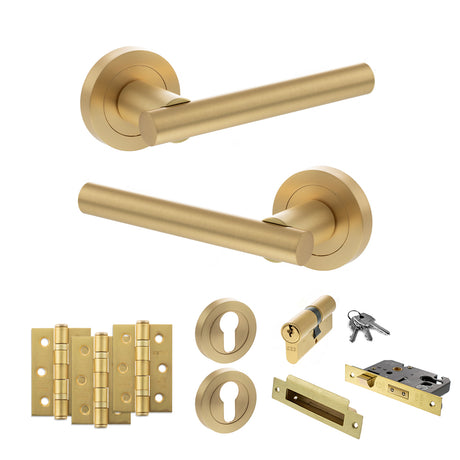Quality image of STATUS Nebraska Door Handle Pack (Euro Lock Set - 3" CE Sashlock, 3" Fire Rated Hinges x3) - Satin Brass | Sku. adps28rsb21 | available from Trade Door Handles.