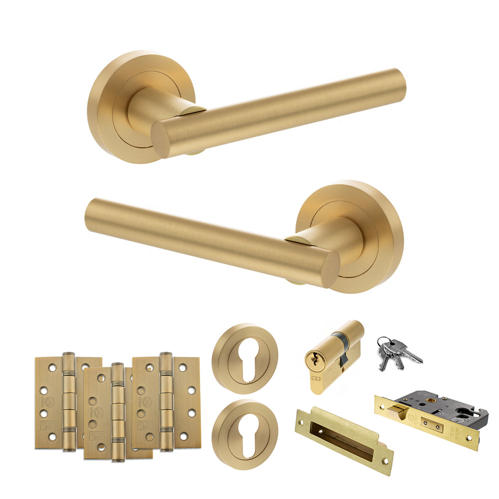 Quality image of STATUS Nebraska Door Handle Pack (Euro Lock Set - 3" CE Sashlock, 4" Fire Rated Hinges x3) - Satin Brass | Sku. adps28rsb23 | available from Trade Door Handles.