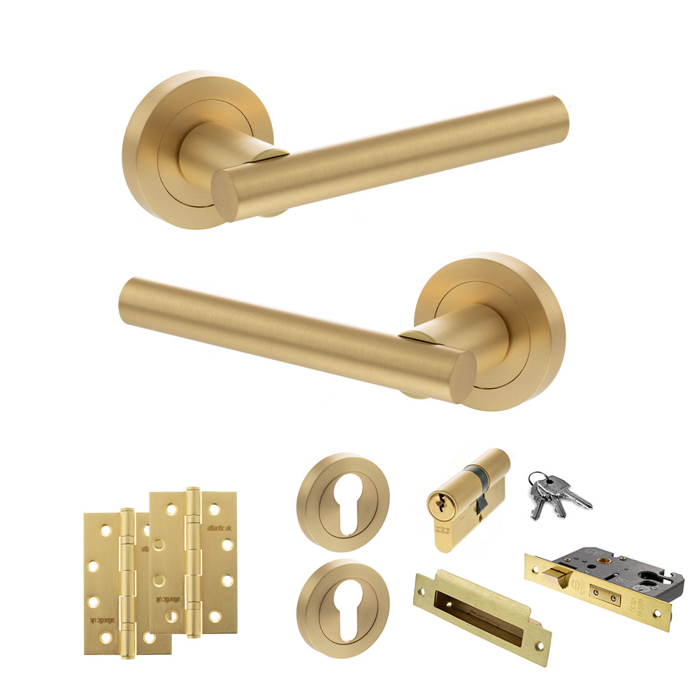 Quality image of STATUS Nebraska Door Handle Pack (Euro Lock Set - 2.5" CE Sashlock, 4" Slim Knuckle Hinges x2) - Satin Brass | Sku. adps28rsb24 | available from Trade Door Handles.