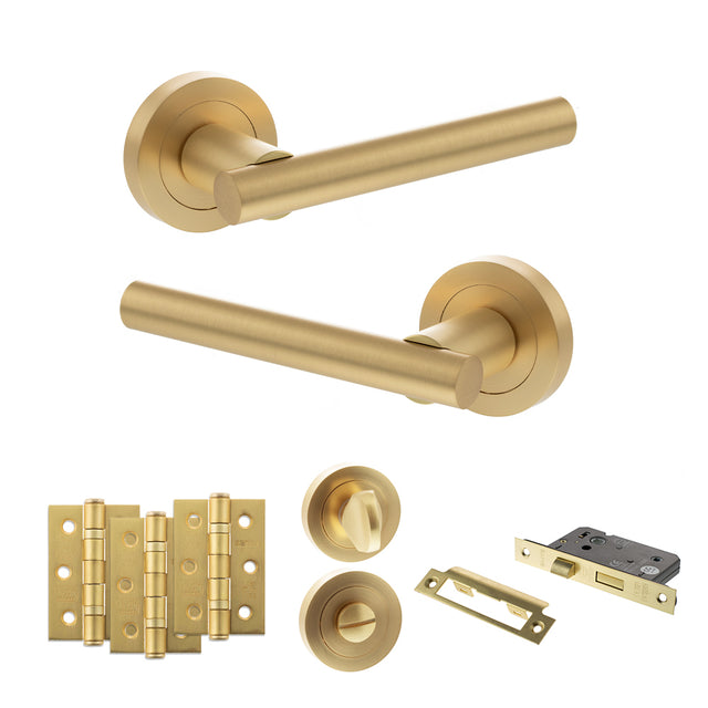 Quality image of STATUS Nebraska Door Handle Pack (Bathroom Set - 3" CE Bathroom Lock, 3" Fire Rated Hinges x3) - Satin Brass | Sku. adps28rsb9 | available from Trade Door Handles.