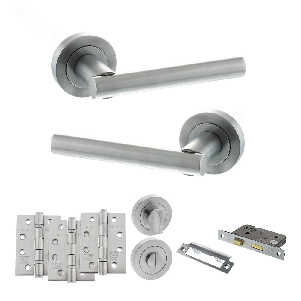 Quality image of STATUS Nebraska Door Handle Pack (Bathroom Set - 2.5" CE Bathroom Lock, 4" Fire Rated Hinges x3) - Satin Chrome | Sku. adps28rsc10 | available from Trade Door Handles.