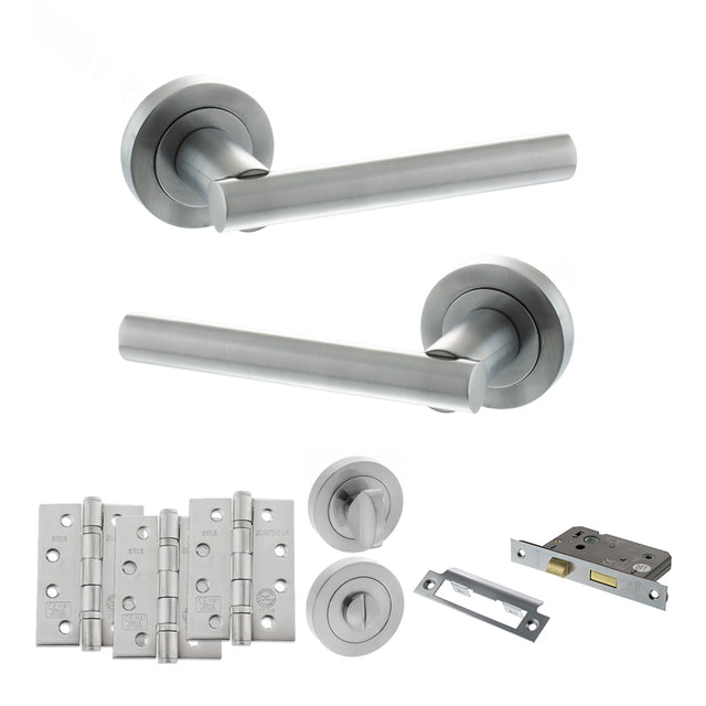 Quality image of STATUS Nebraska Door Handle Pack (Bathroom Set - 2.5" CE Bathroom Lock, 4" Fire Rated Hinges x3) - Satin Chrome | Sku. adps28rsc10 | available from Trade Door Handles.