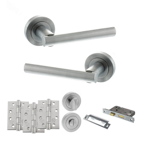 Quality image of STATUS Nebraska Door Handle Pack (Bathroom Set - 3" CE Bathroom Lock, 4" Fire Rated Hinges x3) - Satin Chrome | Sku. adps28rsc11 | available from Trade Door Handles.
