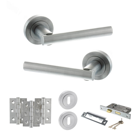 Quality image of STATUS Nebraska Door Handle Pack (3 Lever Lock Set - 2.5" CE Sashlock, 3" Fire Rated Hinges x3) - Satin Chrome | Sku. adps28rsc14 | available from Trade Door Handles.