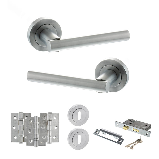 Quality image of STATUS Nebraska Door Handle Pack (3 Lever Lock Set - 3" CE Sashlock, 3" Fire Rated Hinges x3) - Satin Chrome | Sku. adps28rsc15 | available from Trade Door Handles.