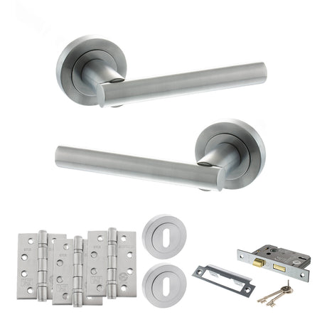 Quality image of STATUS Nebraska Door Handle Pack (3 Lever Lock Set - 3" CE Sashlock, 4" Fire Rated Hinges x3) - Satin Chrome | Sku. adps28rsc17 | available from Trade Door Handles.