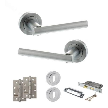 Quality image of STATUS Nebraska Door Handle Pack (3 Lever Lock Set - 3" CE Sashlock, 4" Slim Knuckle Hinges x2) - Satin Chrome | Sku. adps28rsc19 | available from Trade Door Handles.