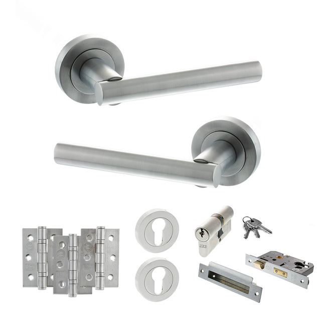 Quality image of STATUS Nebraska Door Handle Pack (Euro Lock Set - 2.5" CE Sashlock, 3" Fire Rated Hinges x3) - Satin Chrome | Sku. adps28rsc20 | available from Trade Door Handles.