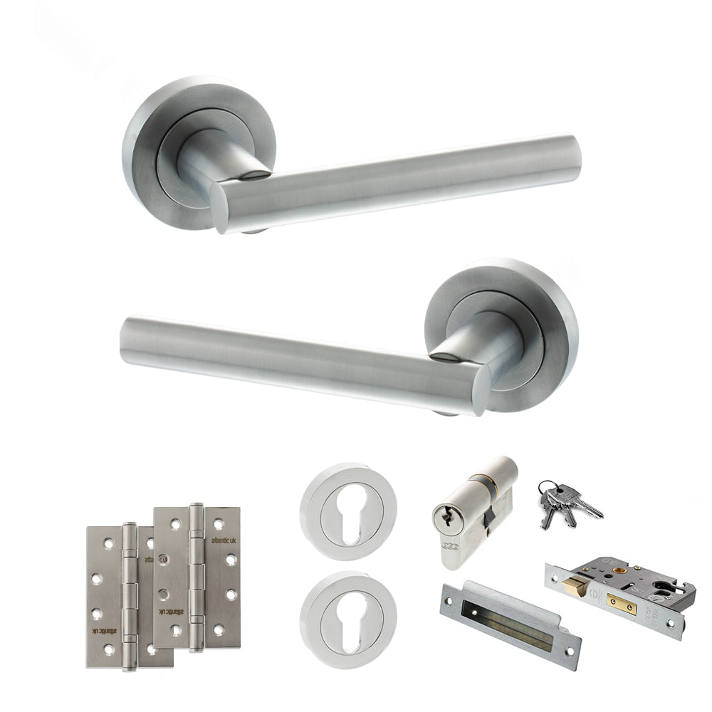 Quality image of STATUS Nebraska Door Handle Pack (Euro Lock Set - 2.5" CE Sashlock, 4" Slim Knuckle Hinges x2) - Satin Chrome | Sku. adps28rsc24 | available from Trade Door Handles.