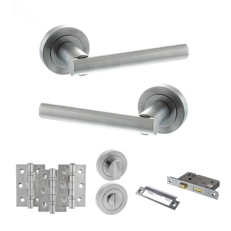 Quality image of STATUS Nebraska Door Handle Pack (Bathroom Set - 2.5" CE Bathroom Lock, 3" Fire Rated Hinges x3) - Satin Chrome | Sku. adps28rsc8 | available from Trade Door Handles.