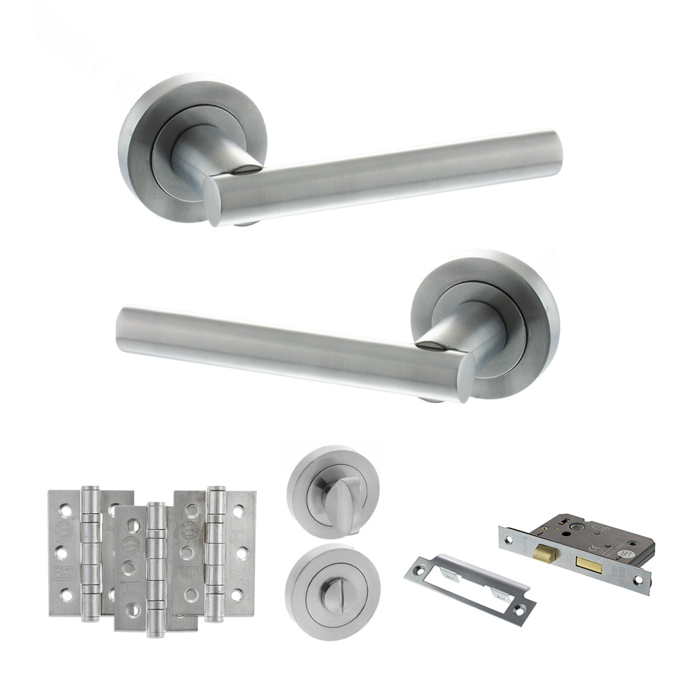 Quality image of STATUS Nebraska Door Handle Pack (Bathroom Set - 3" CE Bathroom Lock, 3" Fire Rated Hinges x3) - Satin Chrome | Sku. adps28rsc9 | available from Trade Door Handles.