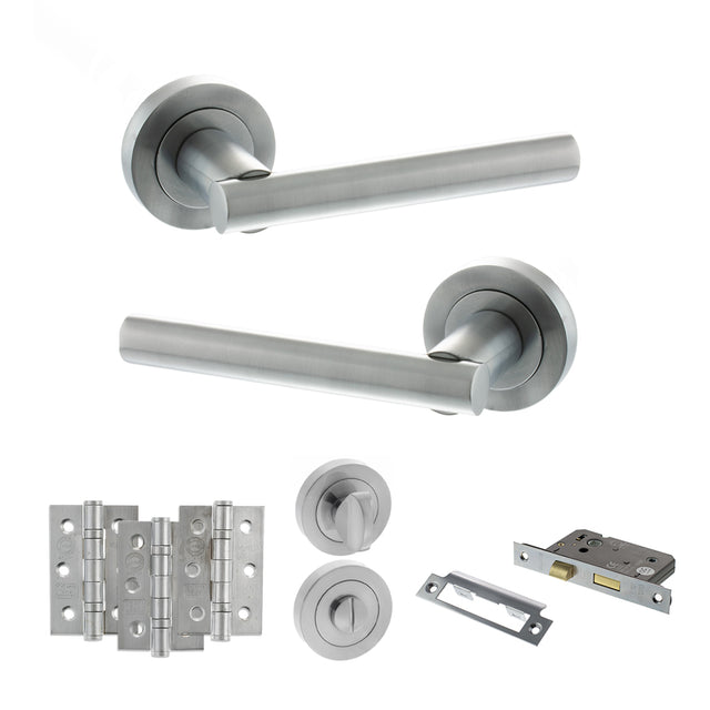 Quality image of STATUS Nebraska Door Handle Pack (Bathroom Set - 3" CE Bathroom Lock, 3" Fire Rated Hinges x3) - Satin Chrome | Sku. adps28rsc9 | available from Trade Door Handles.