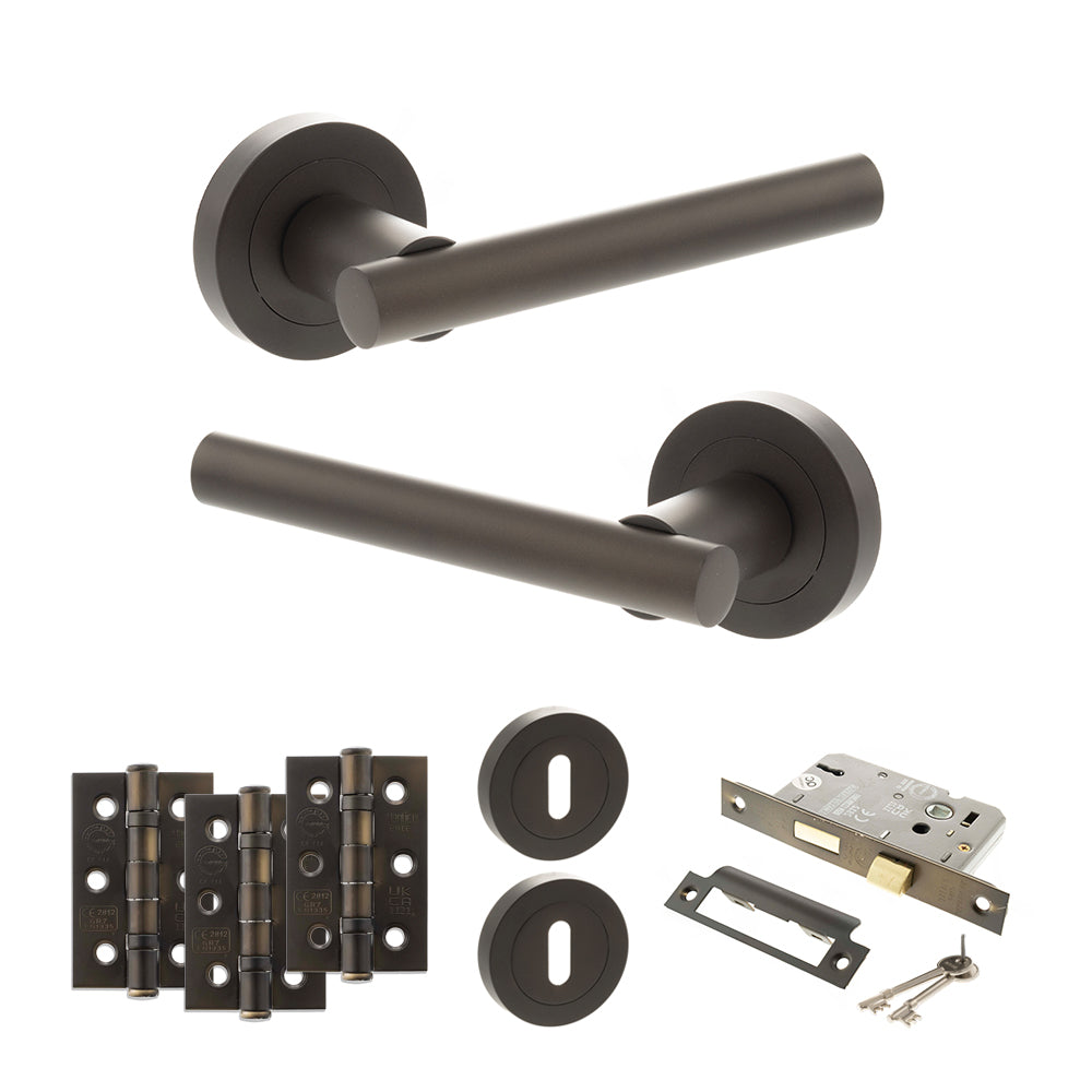 Quality image of STATUS Nebraska Door Handle Pack (3 Lever Lock Set - 2.5" CE Sashlock, 3" Fire Rated Hinges x3) - Urban Dark Bronze | Sku. adps28rudb14 | available from Trade Door Handles.