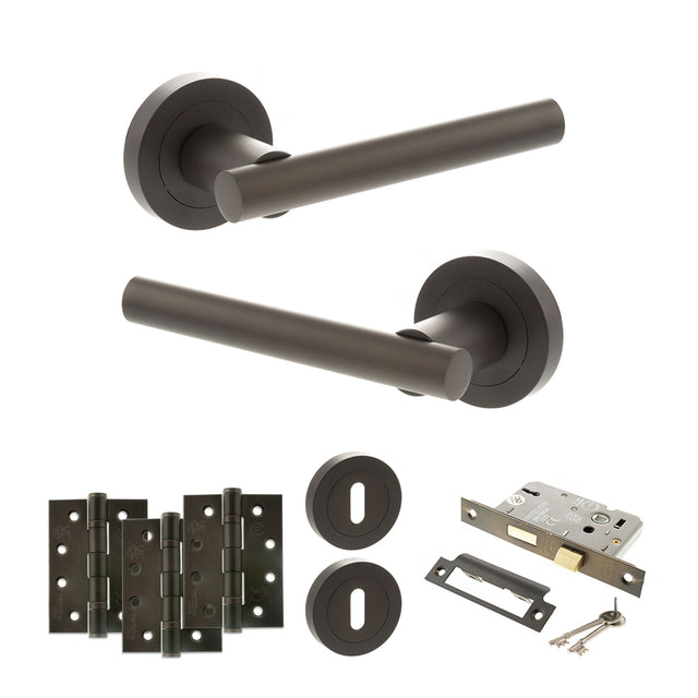Quality image of STATUS Nebraska Door Handle Pack (3 Lever Lock Set - 2.5" CE Sashlock, 4" Fire Rated Hinges x3) - Urban Dark Bronze | Sku. adps28rudb16 | available from Trade Door Handles.