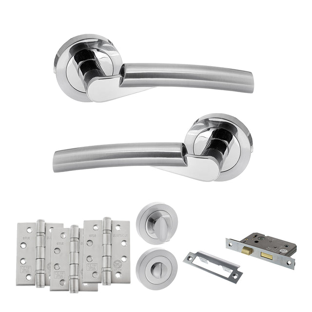 Quality image of STATUS Florida Door Handle Pack (Bathroom Set - 2.5" CE Bathroom Lock, 4" Fire Rated Hinges x3) - Satin Chrome/Polished Chrome | Sku. adps32rscpc10 | available from Trade Door Handles.