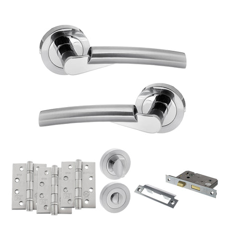 Quality image of STATUS Florida Door Handle Pack (Bathroom Set - 3" CE Bathroom Lock, 4" Fire Rated Hinges x3) - Satin Chrome/Polished Chrome | Sku. adps32rscpc11 | available from Trade Door Handles.