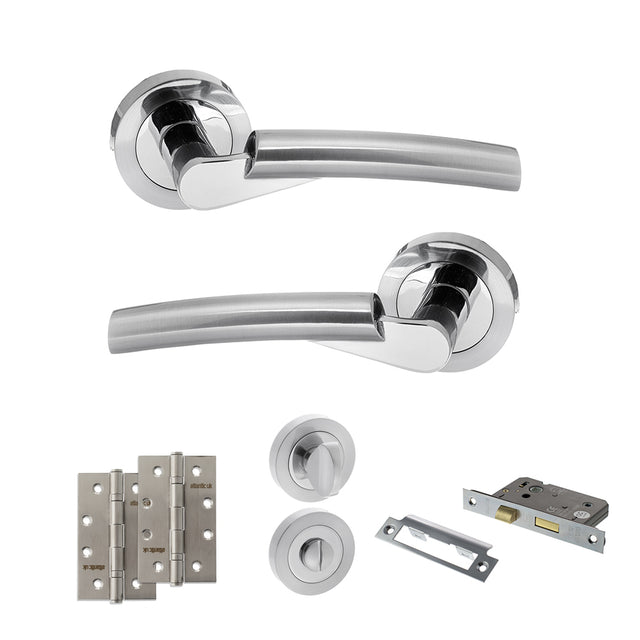 Quality image of STATUS Florida Door Handle Pack (Bathroom Set - 2.5" CE Bathroom Lock, 4" Slim Knuckle Hinges x2) - Satin Chrome/Polished Chrome | Sku. adps32rscpc12 | available from Trade Door Handles.