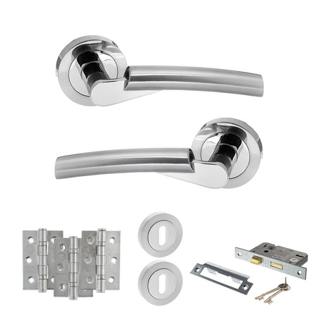Quality image of STATUS Florida Door Handle Pack (3 Lever Lock Set - 2.5" CE Sashlock, 3" Fire Rated Hinges x3) - Satin Chrome/Polished Chrome | Sku. adps32rscpc14 | available from Trade Door Handles.